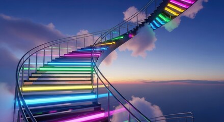 Colorful Stairway to Heaven Amidst Fluffy Clouds and a Dreamy Sunset Scene