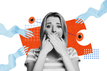 Composite trend artwork 3D sketch image photo collage of young lady emoji face grimace cover mouth huge eye watch vision control oversee