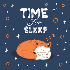 Cute sleeping fox with text "Time for sleep" cartoon illustration for bedtime,poster or greeting card.
