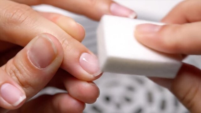 A person buffs their fingernails with a white block during a personal manicure session.
