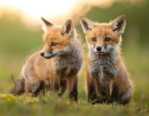 Fototapeta premium Two young foxes with orange fur sit alert in soft sunlight, their eyes wide against a blurred, golden background