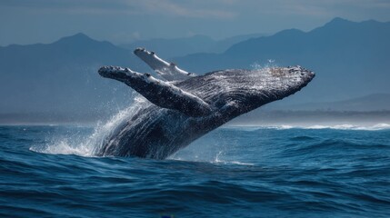 Fototapeta premium Majestic humpback whale bursts out of ocean in stunning breach, creating powerful splash. Blue sea water background. Energy of marine life, natural habitat. Wildlife, adventure, oceanic wonder.