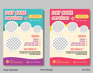 day care, childcare, flyer, template, services, kids, children, education, playing, feeding, nap time, bath time, ages, birth, 5 years, monday, friday, 7am, 7pm, call us, phone number, location, fully