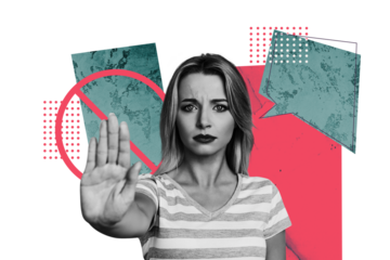 Composite trend artwork sketch image photo collage of young woman hand gesture stop harassment stereotype bully speech cloud cross