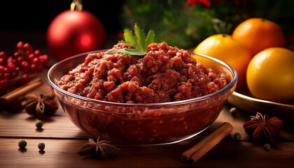mincemeat gleams in a clear bowl amid vivid fruits and spices on wood