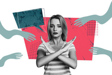 Composite trend artwork sketch image photo collage of young woman speech cloud hand gesture cross...