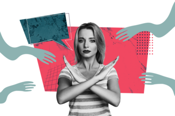 Composite trend artwork sketch image photo collage of young woman speech cloud hand gesture cross stop arm wrist sleeve stereotype bully