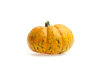 Vibrant orange pumpkin with unique green speckles, showcasing its textured surface and round shape, perfect for autumn decorations and seasonal celebrations