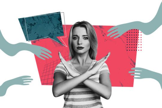 Composite trend artwork sketch image photo collage of young woman speech cloud hand gesture cross stop arm wrist sleeve stereotype bully