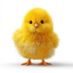Obraz premium A fluffy yellow chick stands facing the viewer on a white background Its beady eyes and orange feet are clearly visible