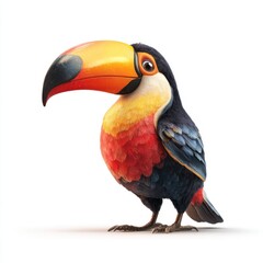 Fototapeta premium Brightly colored toucan with a large yellow and orange beak and red chest stands on white background