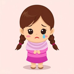 Cartoon girl with braids shedding a tear, feeling sad