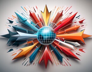 expansionism concept with bold dynamic arrows from central globe on sleek white background