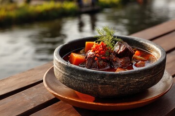 Beef stew in stone bowl on wooden table