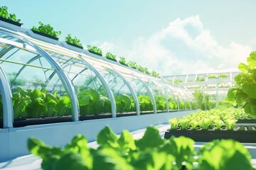Fototapeta premium Greenhouse with hydroponic system growing fresh green lettuce for healthy food production. Sustainable agricultural technology concept