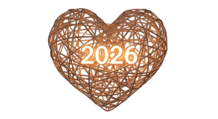 3D Heart with 2026 Number Glowing Inside on Simple Transparent Backdrop for New Year