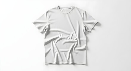 A white t-shirt is displayed on a white surface with soft shadows, showcasing its fabric texture and simple design.