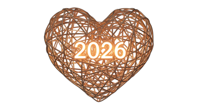 3D Heart with 2026 Number Glowing Inside on Simple Transparent Backdrop for New Year