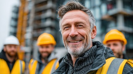 Smiling senior construction engineer with team at building site