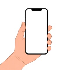 Cartoon hand holding a smartphone with a blank white screen