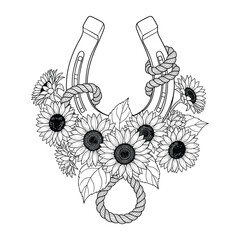 Black and White Horseshoe with Sunflowers and Rope Illustration floral western
