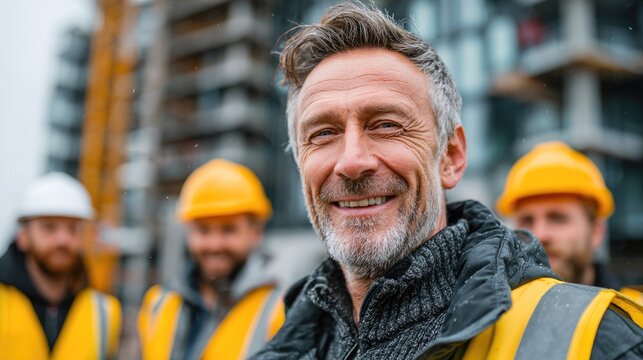 Smiling senior construction engineer with team at building site