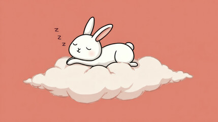 Cartoon white bunny sleeping peacefully atop a soft, fluffy cloud on coral background