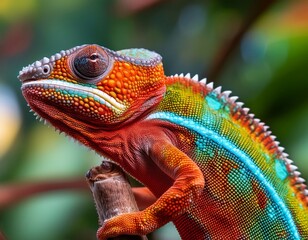 Obraz premium vibrant colorful chameleon with intricate scales and striking eye detail