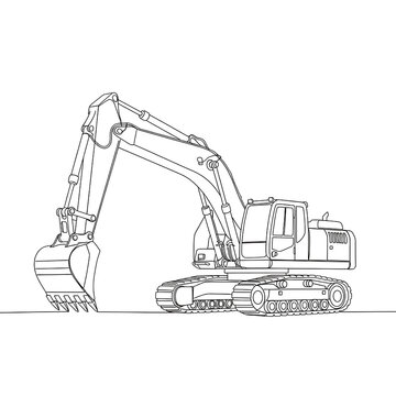 Excavator Machine Line Art: The drawing presents an excavator, a heavy construction vehicle used for digging and earthmoving tasks. It shows the detailed components of the machine.