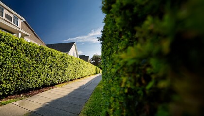 dense hedge trimmed into a lush green boundary beside a quiet suburban sidewalk wide shot
