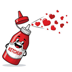 Playful Cartoon Ketchup Bottle Spraying Hearts Vector Mascot
