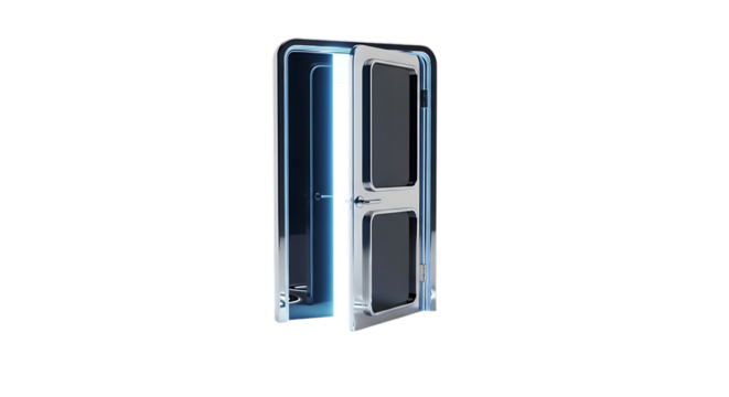 Open Shiny Metallic Doorway Revealing 2026 Year on a Checkered Transparent Digital Portal