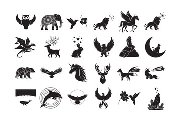 Fototapeta premium 24 Set of Fantasy Animal Silhouette Collection . Magical Creature Vector 
