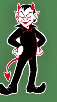 Mischievous Cartoon Devil Character with Red Horns and Tail on Green Background - Classic Retro Mascot Style Animation