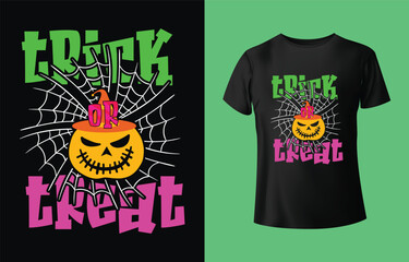 Spooky halloween trick or treat design featuring a jack o lantern with a fiery top and cobwebs on a black background and t shirt mockup