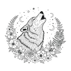 Black and White Wolf Howling within Floral Moon Wreath stars floral wreath