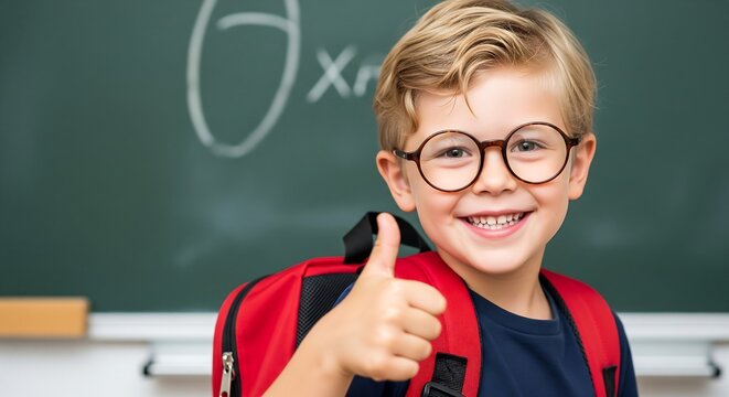 Happy Back to School Portrait of Cheerful Student Wearing Glasses and Red Backpack Smiling in Front of Chalkboard with Math Equations Bright Classroom Lighting Positive Energy Academic Concept - Powered by Adobe