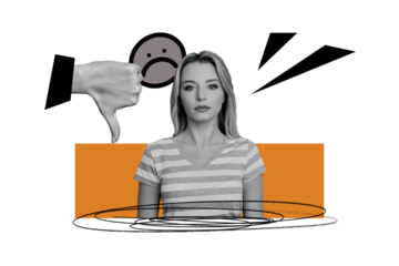Composite photo collage of serious girl suffer hate thumb down problem unhappy emoji symbol abuse isolated on painted background