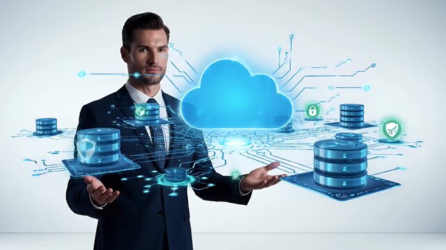 Businessman Holding Digital Cloud Illustration with Data Servers on Light Background in Corporate Attire Business Technology Concept Optimized for Adobe Stock