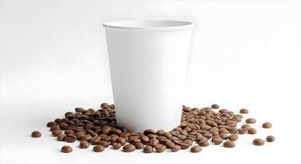 A plain white paper cup rests on a bed of roasted coffee beans.