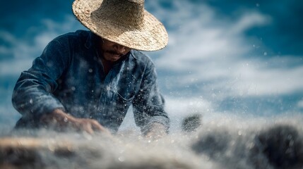 A focused fisherman in a straw hat diligently mends a fishing net outdoors under a bright sky