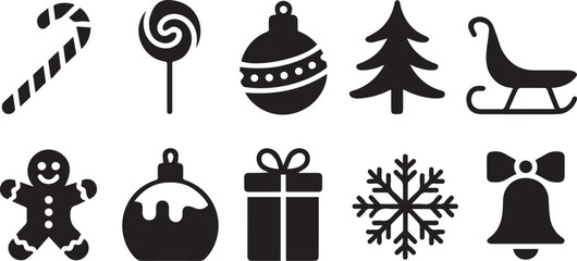 Fototapeta premium Black and White Christmas Icons Ornament, Tree, Sleigh, Gingerbread, Candy, Snowflake