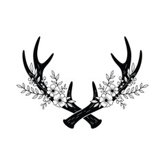 Crossed Deer Antlers with Floral Embellishments Keywords: antlers, deer, stag, animal, wildlife