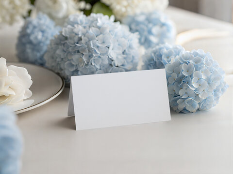 Blue Hydrangea Wedding Place Card Mockup &ndash; Elegant Tent Card on White Table with Floral Decor