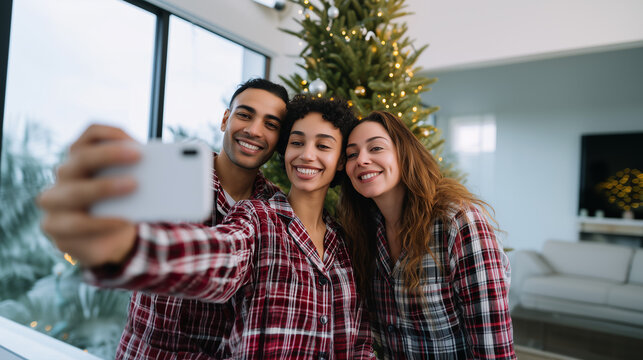 Group of diverse friends in pajamas taking a selfie on a smartphone in front of a decorated christmas tree inside a modern home. - Powered by Adobe