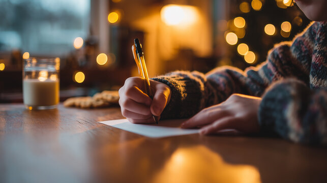 Close up of a child's hand writing a letter to santa claus on a wooden table next to milk and cookies with a warm blurred christmas tree.