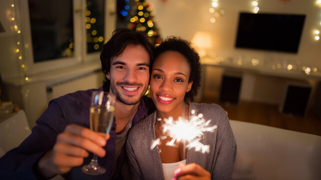 Romantic young mixed race couple celebrating christmas or new year's eve at home holding a sparkler and a champagne flute with a blurred background tree and lights.