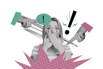 Composite photo collage of panic girl shut mouth cry depression hand shame point bullying pressure bubble isolated on painted background