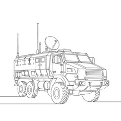 Military Vehicle: A detailed outline of a robust military vehicle, showcasing its rugged design, communication equipment and the essence of technological prowess.