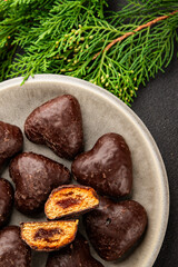 Gingerbread chocolate heart shaped honey cakes Christmas sweet dessert new year natural product tasty snack fresh delicious gourmet food background on the table rustic top view copy space